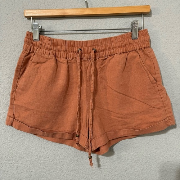 Love Tree Pastel Orange Linen Blend Two Front Pockets Elastic Waist Short Sz M - Picture 1 of 9